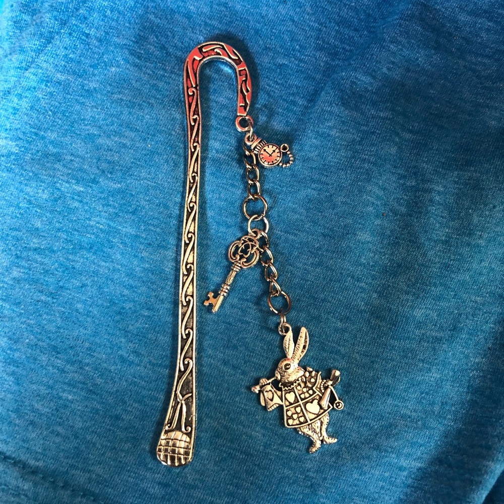 NWT, Handmade by A Charmed Life. Silver Bookmark with Alice in Wonderland Charms